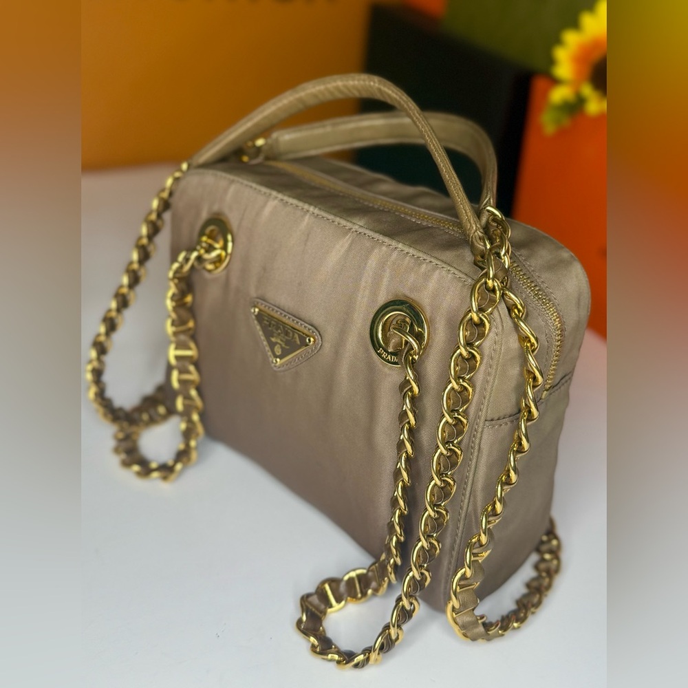 Auth PRADA Triangle Logo Tessuto Nylon Brown Chain Shoulder - Picture 7 of 17